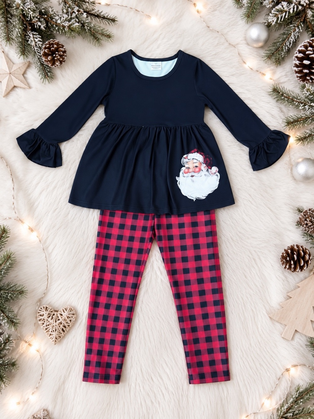 New Boutique Santa Buffalo Plaid Legging Set Girls Xmas Holiday Outfit Sz 5-6Y